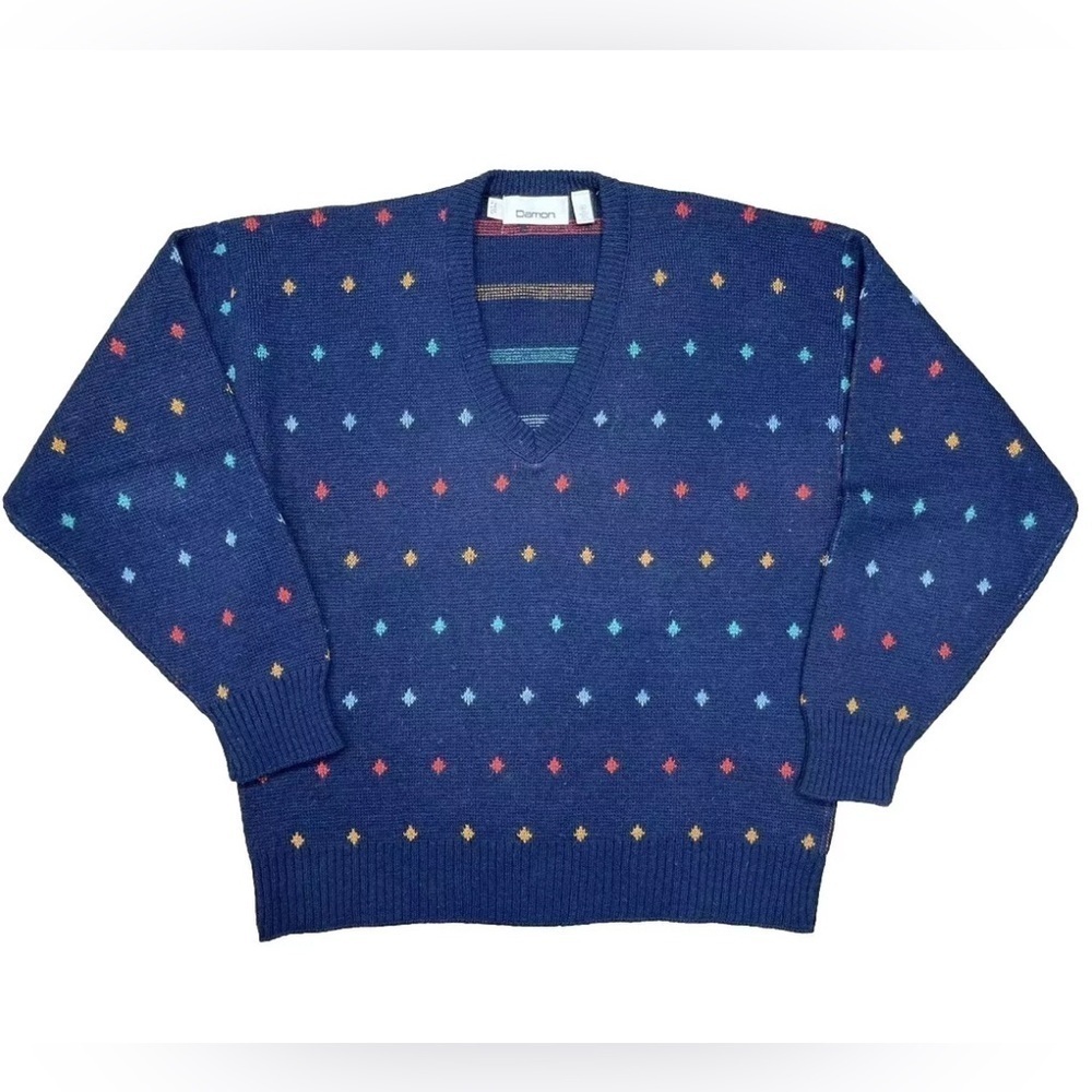 Vintage Damon Wool Blend Sweater Men’s Large Blue Diamond Pullover V-neck USA